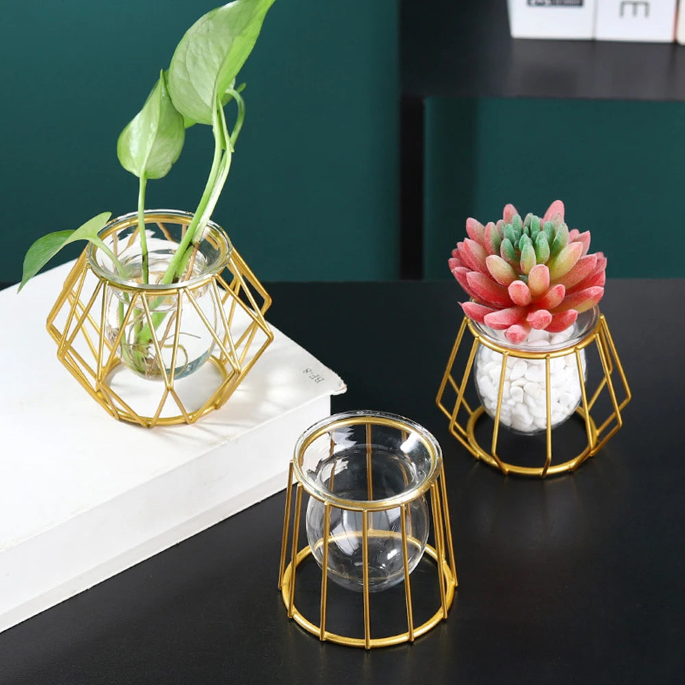 Terrarium Retro Iron Line Vase Hydroponic Plant Flower Vase Home Decoration Metal Plant Holder Nordic Styles Iron Vases Ornament