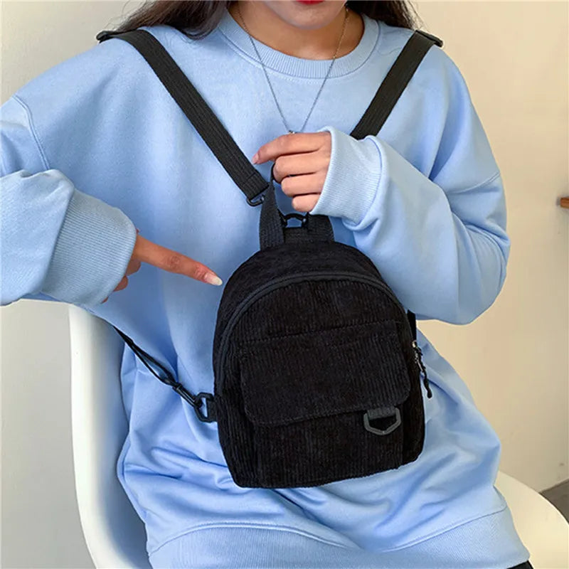 Solid Color Mini Backpack Corduroy Small Backpacks Simple Casual Student Bookbags Traveling Rucksack Fashion Women Soulder Bag