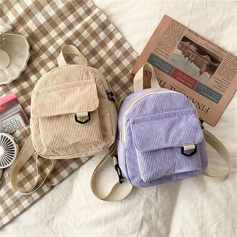 Solid Color Mini Backpack Corduroy Small Backpacks Simple Casual Student Bookbags Traveling Rucksack Fashion Women Soulder Bag