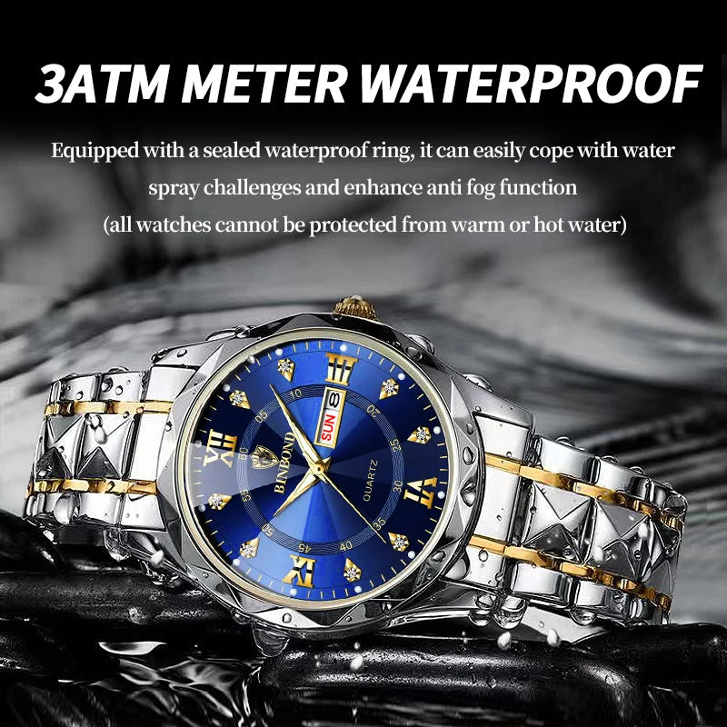 Luxury Fashion Quartz Watch Men Waterproof Week Date Clock Stainless Steel Sport Watch Men Quartz Wristwatch