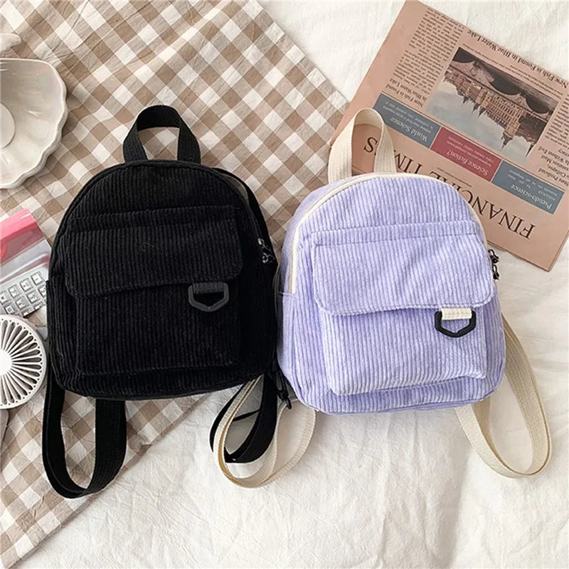 Solid Color Mini Backpack Corduroy Small Backpacks Simple Casual Student Bookbags Traveling Rucksack Fashion Women Soulder Bag