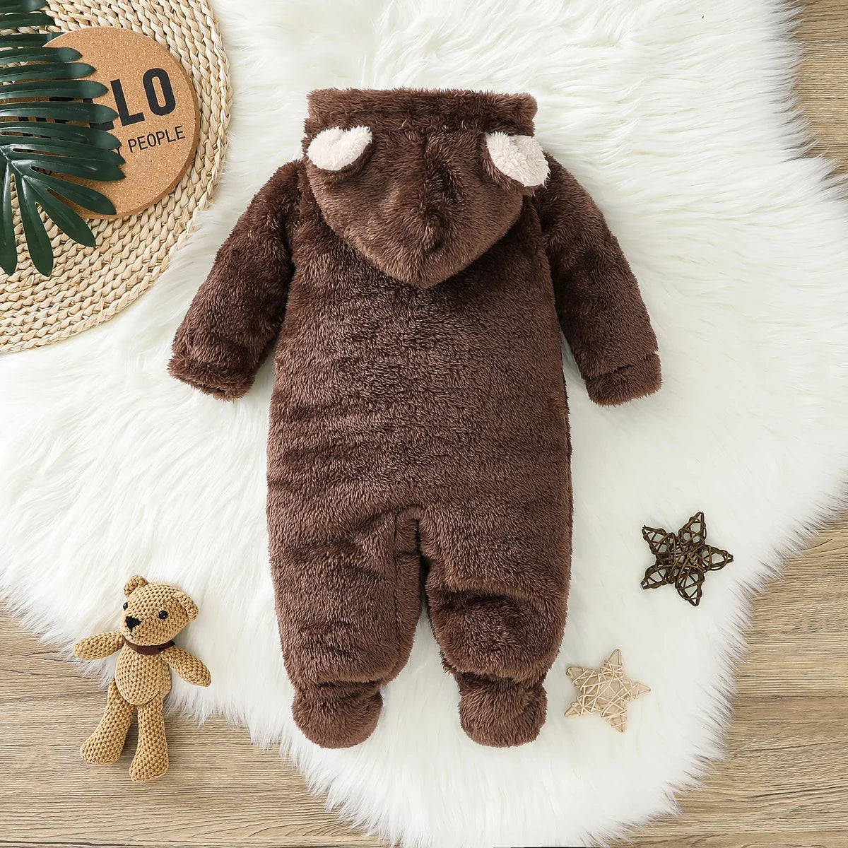 Winter Baby Boy Jumpsuit With Hood And Covered Feet Plush Animal Shape Cute Daily Suitable For Children Under 1 Year Old