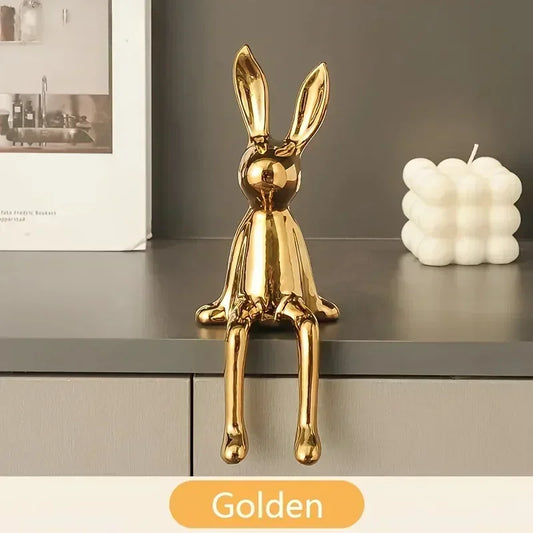 1PCS Ceramic Long-Eared Sitting Rabbit Room Ornaments Statue Luxury Home Decoration Accessories High-End Home Art Aesthetics