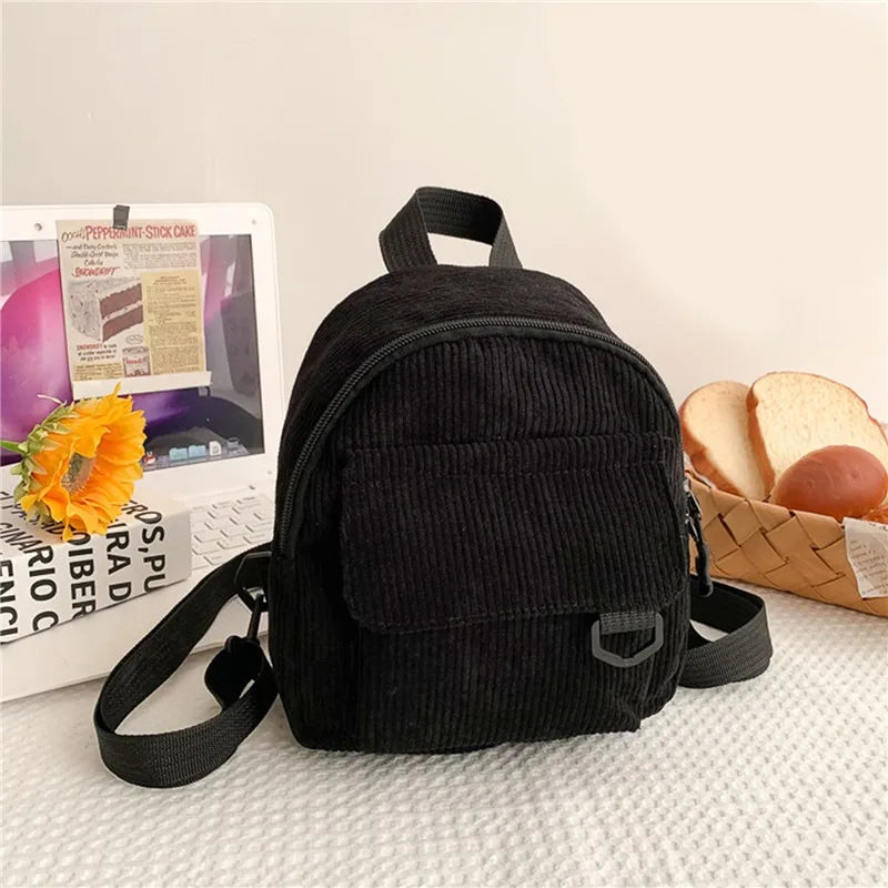 Solid Color Mini Backpack Corduroy Small Backpacks Simple Casual Student Bookbags Traveling Rucksack Fashion Women Soulder Bag