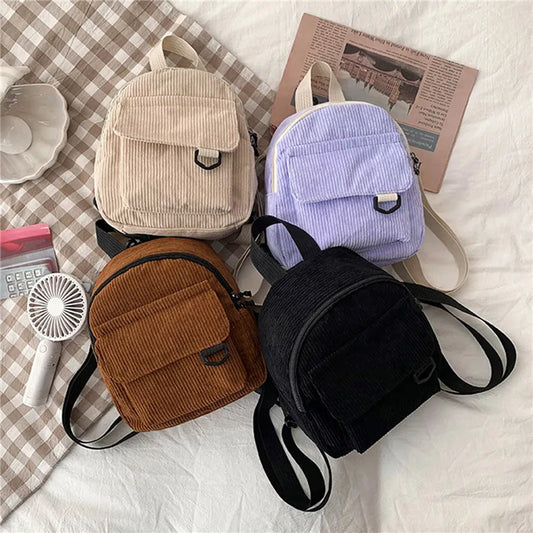 Solid Color Mini Backpack Corduroy Small Backpacks Simple Casual Student Bookbags Traveling Rucksack Fashion Women Soulder Bag