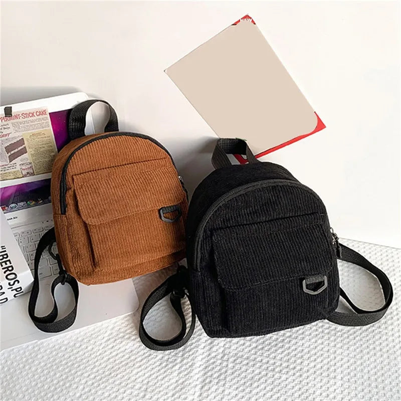 Solid Color Mini Backpack Corduroy Small Backpacks Simple Casual Student Bookbags Traveling Rucksack Fashion Women Soulder Bag