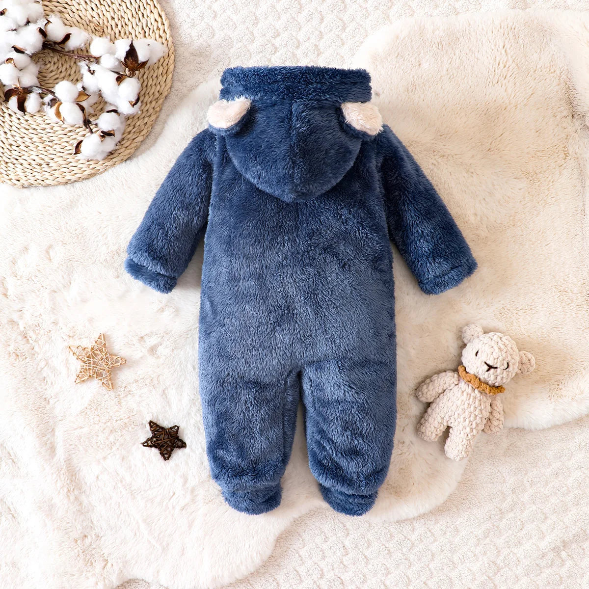 Winter Baby Boy Jumpsuit With Hood And Covered Feet Plush Animal Shape Cute Daily Suitable For Children Under 1 Year Old