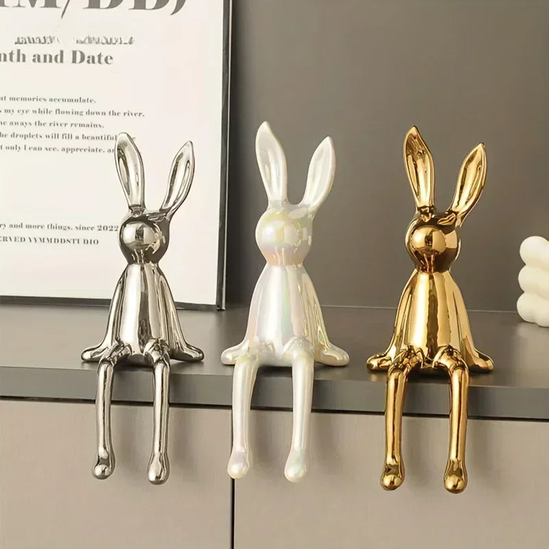 1PCS Ceramic Long-Eared Sitting Rabbit Room Ornaments Statue Luxury Home Decoration Accessories High-End Home Art Aesthetics