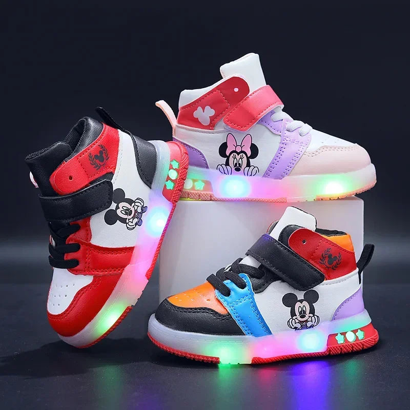 2024 Disney Children's Led Light Shoes Fashion Mickey Mouse Boys Sneakers Girls Cartton Casual Shoes Breathable Kids Sport Shoes