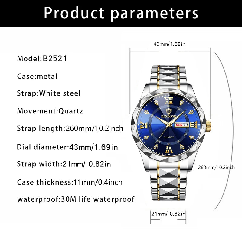 Luxury Fashion Quartz Watch Men Waterproof Week Date Clock Stainless Steel Sport Watch Men Quartz Wristwatch