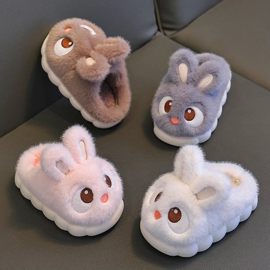 New Winter Cute Big eyed Rabbit Children's Waterproof Warm Non-slip Fluffy Slippers For Girls Boys Kids Indoor Home Cotton Shoes